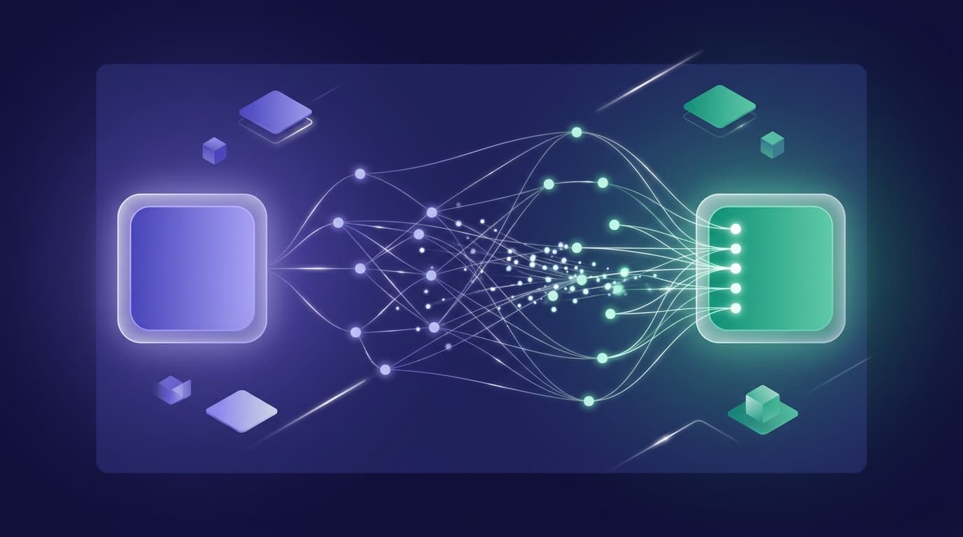 A constellation of connected data nodes flowing between two stores, references linking as they arrive